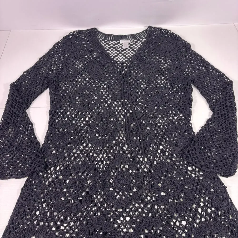 Chico's Black Crochet V-neck Lace Up Sweater Size XL T7